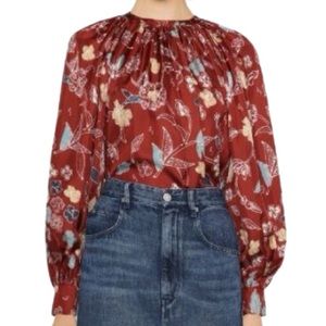 NWT Ulla Johnson Marisol Dark Red Floral Print Long Sleeve Silk Blouse - Sz 2